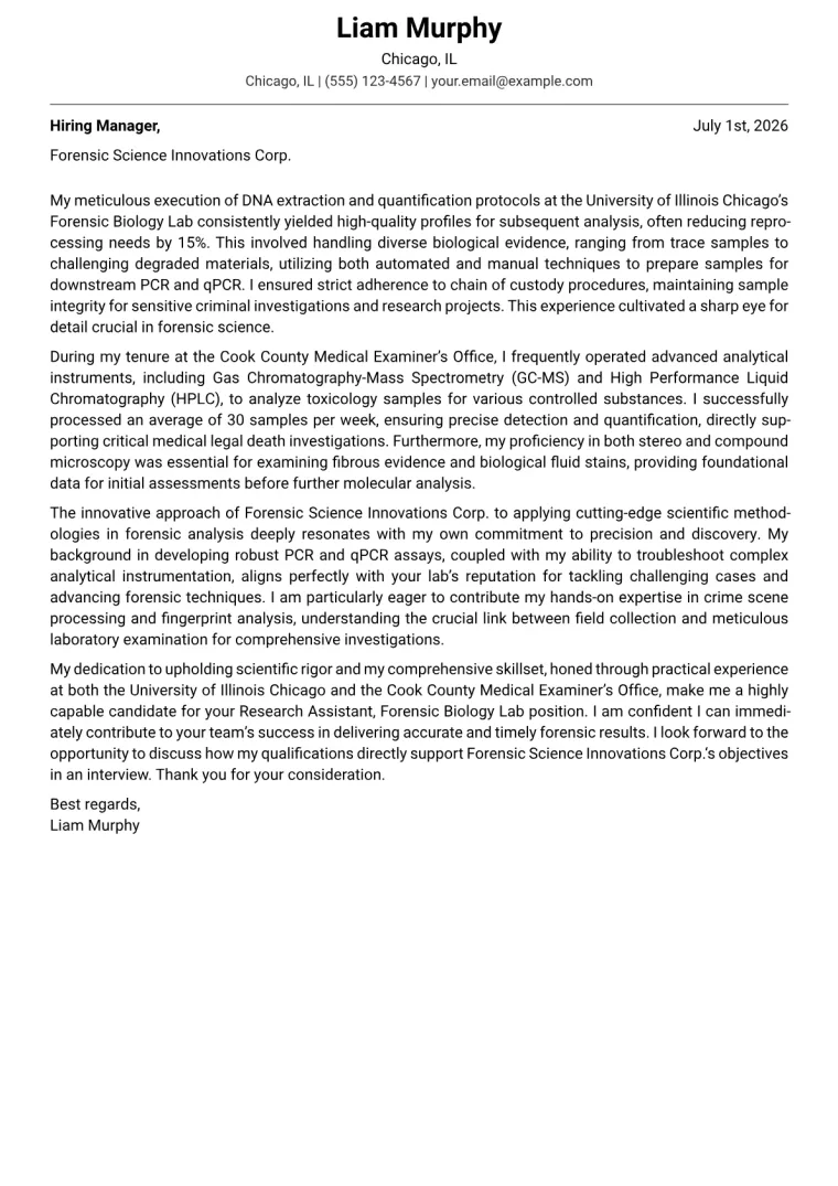 Forensic Science Student Cover Letter Example