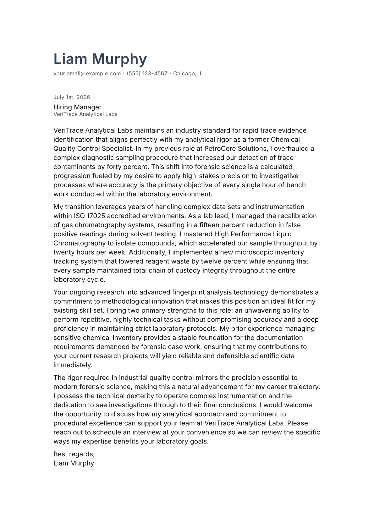Forensic Science Student cover letter in the Minimal design