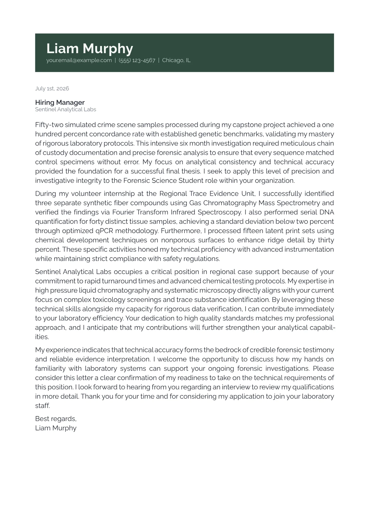 Forensic Science Student cover letter in the Banner design
