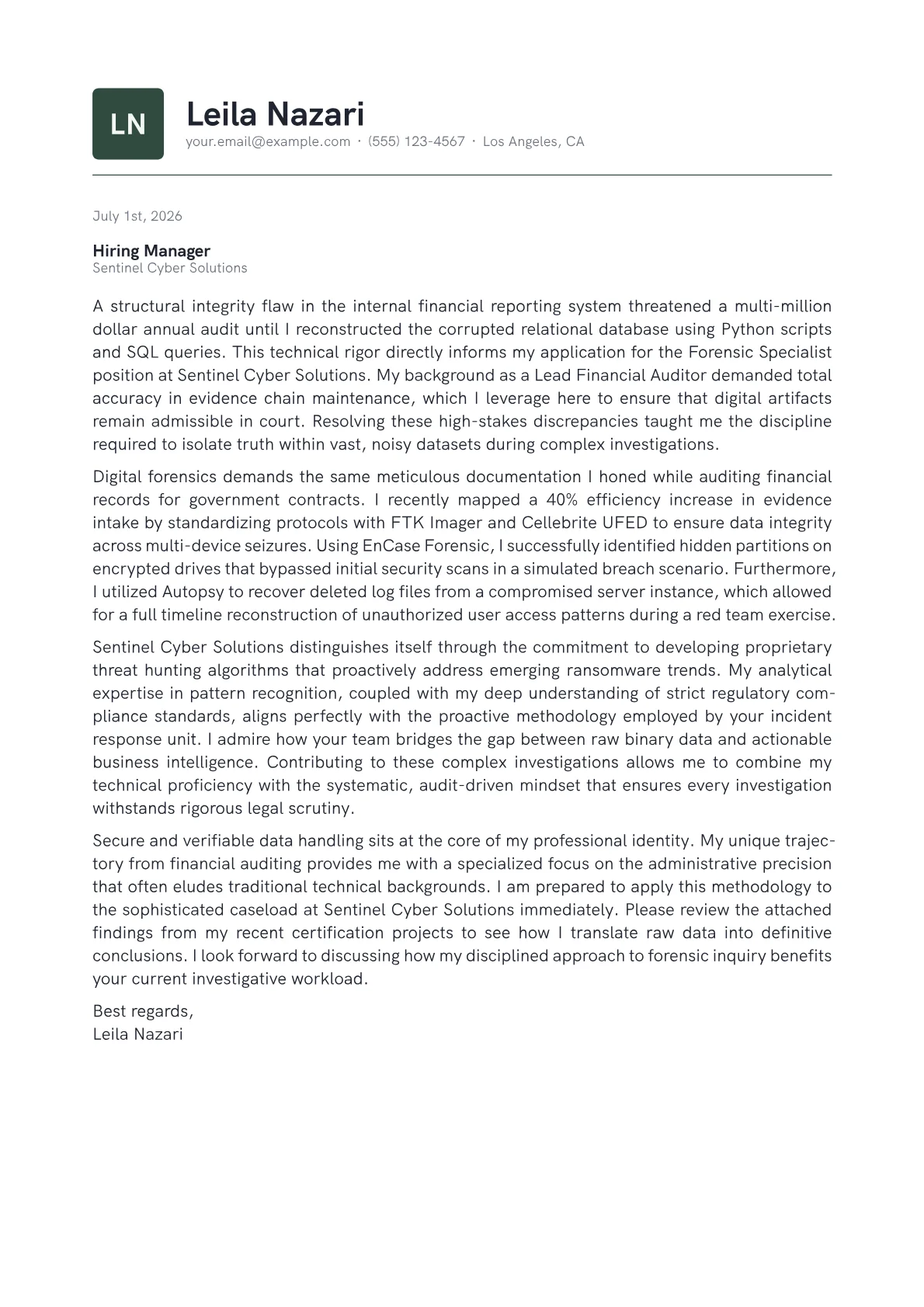 Forensic Specialist cover letter in the Emblem design