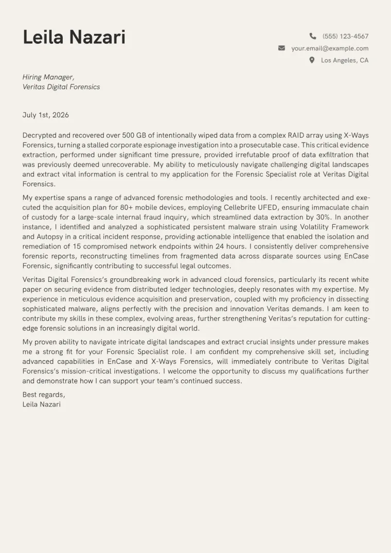 Forensic Specialist Cover Letter Example