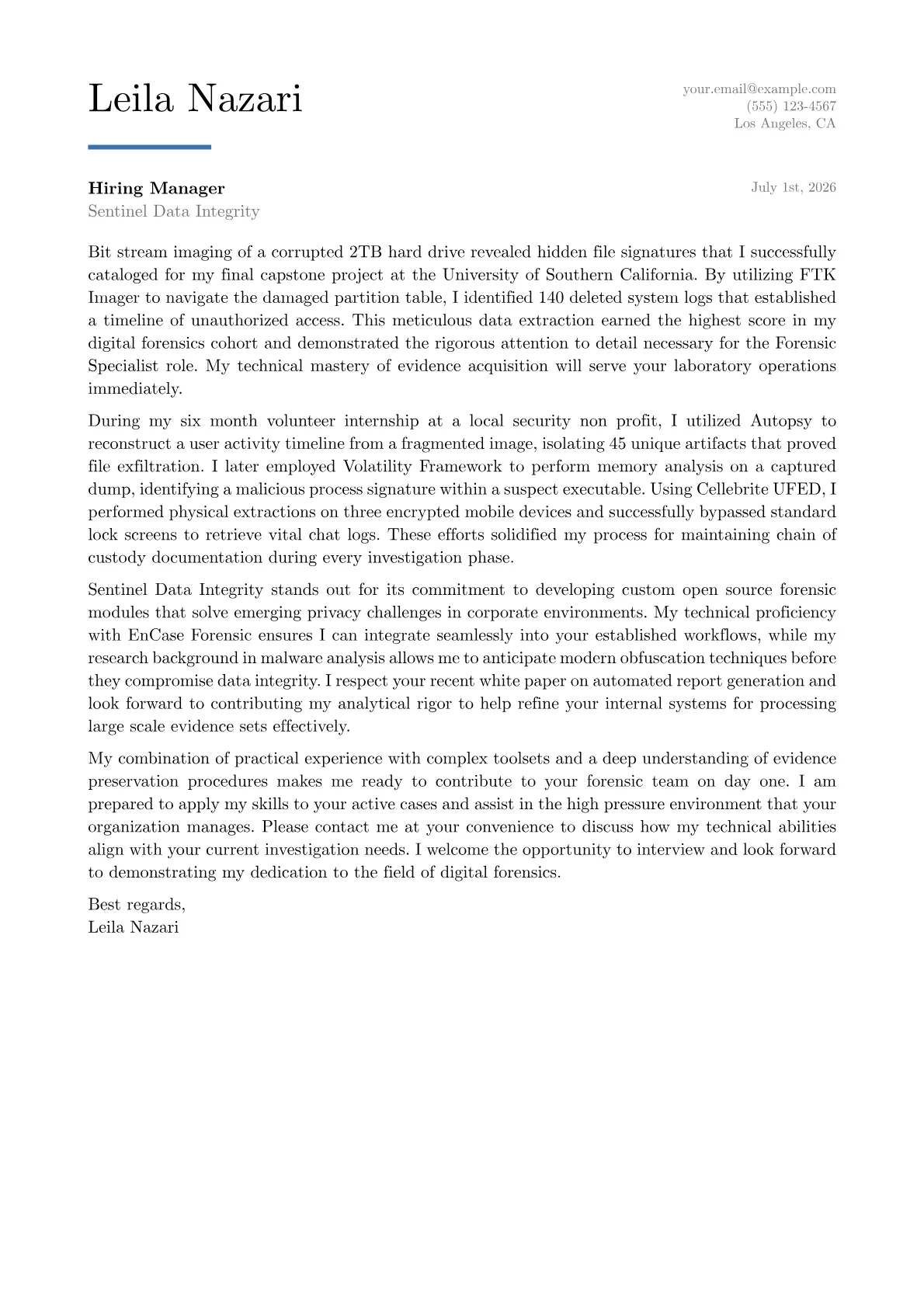 Forensic Specialist cover letter in the Executive design