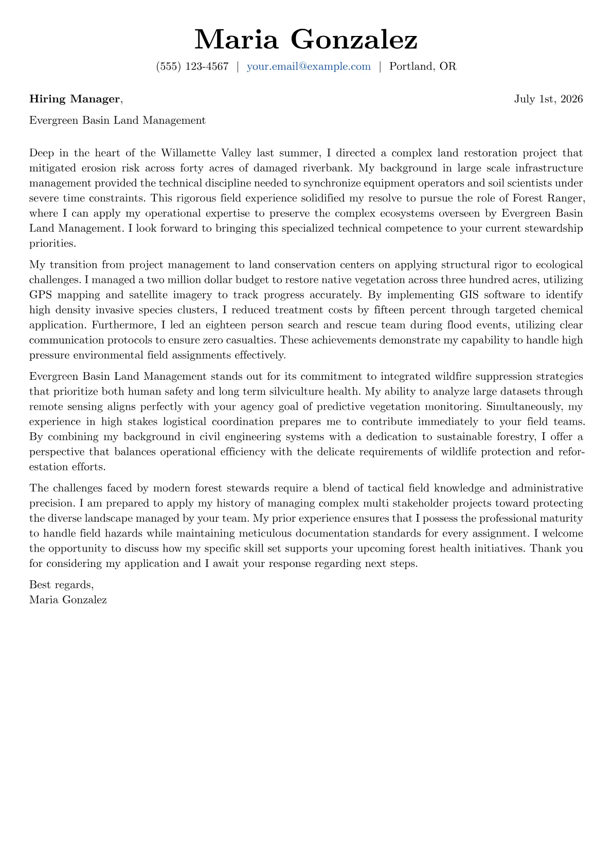 Forest Ranger cover letter in the Basic design