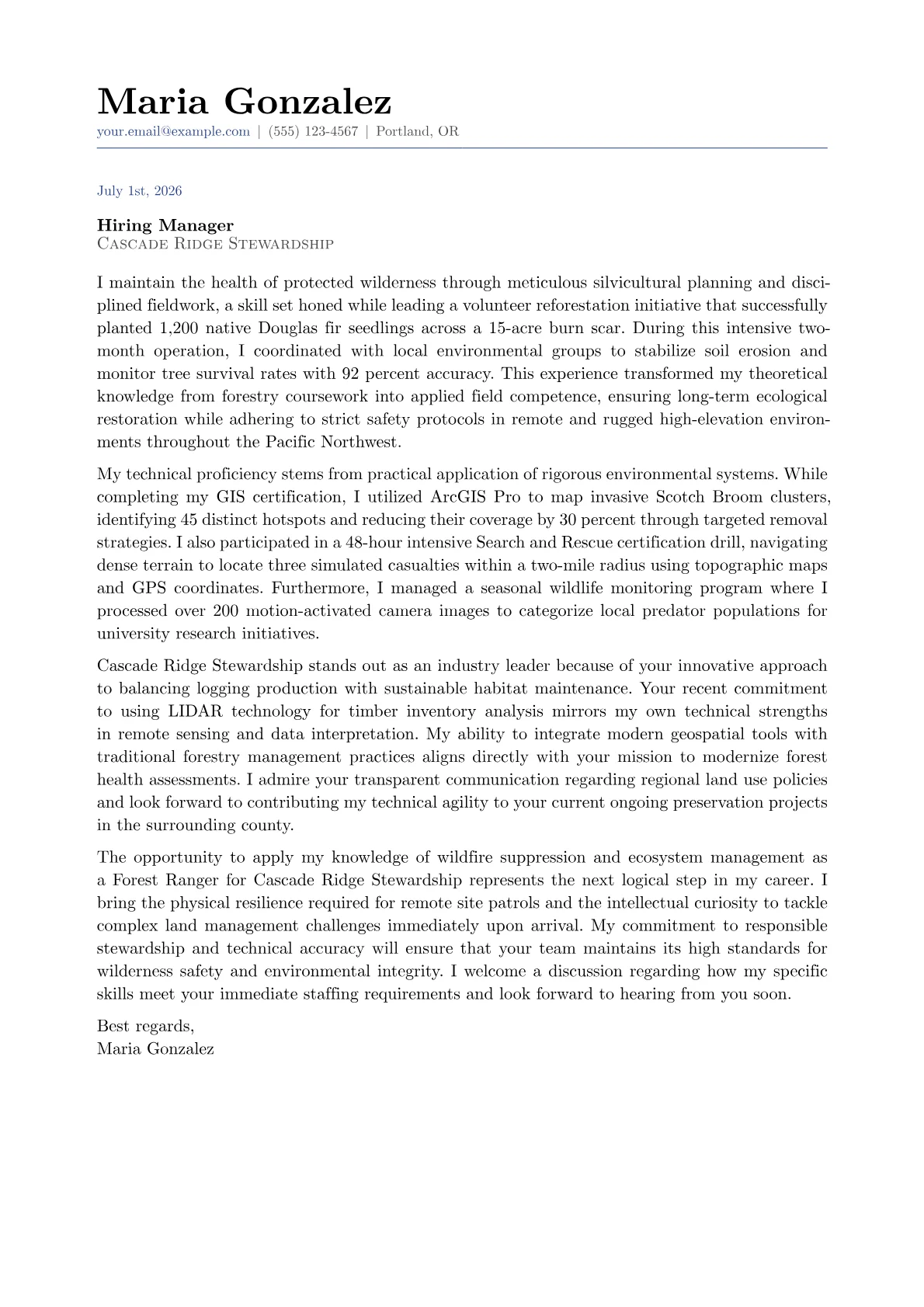 Forest Ranger cover letter in the Classic design