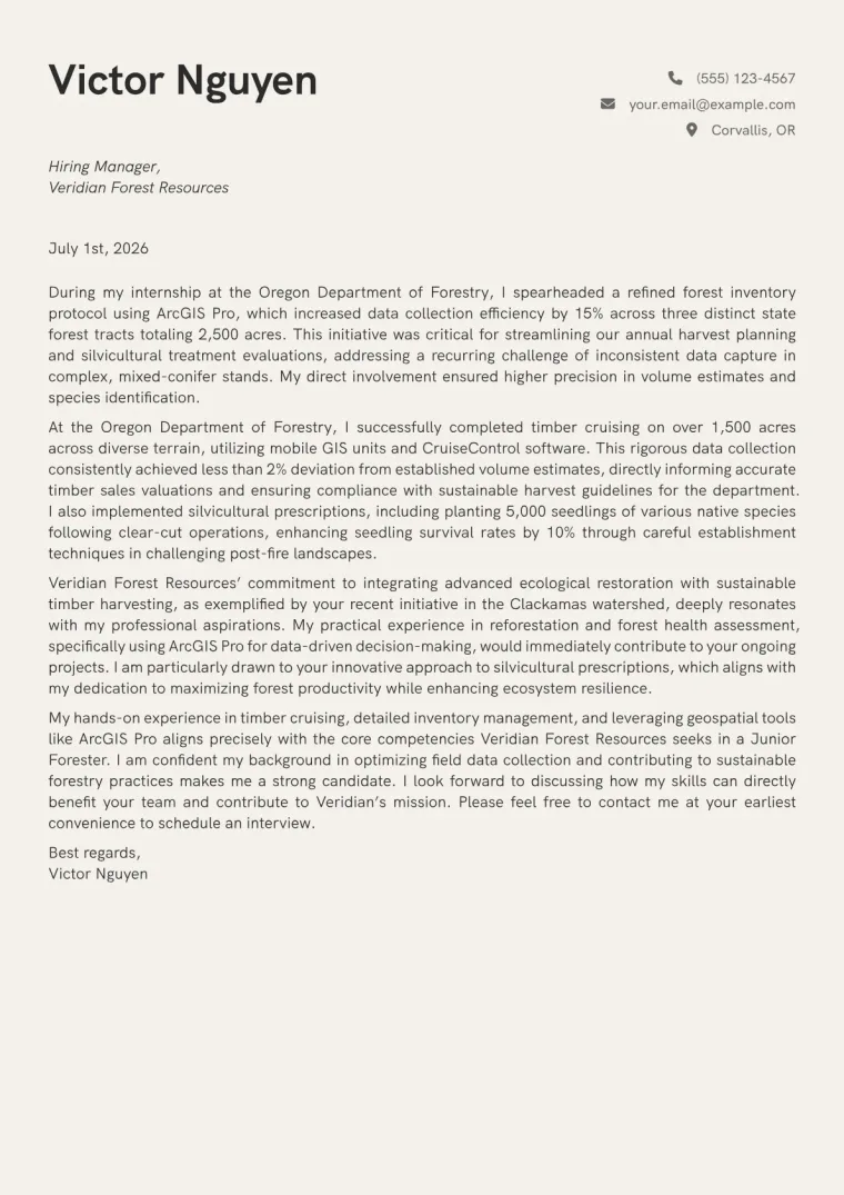 Forestry Student cover letter example preview
