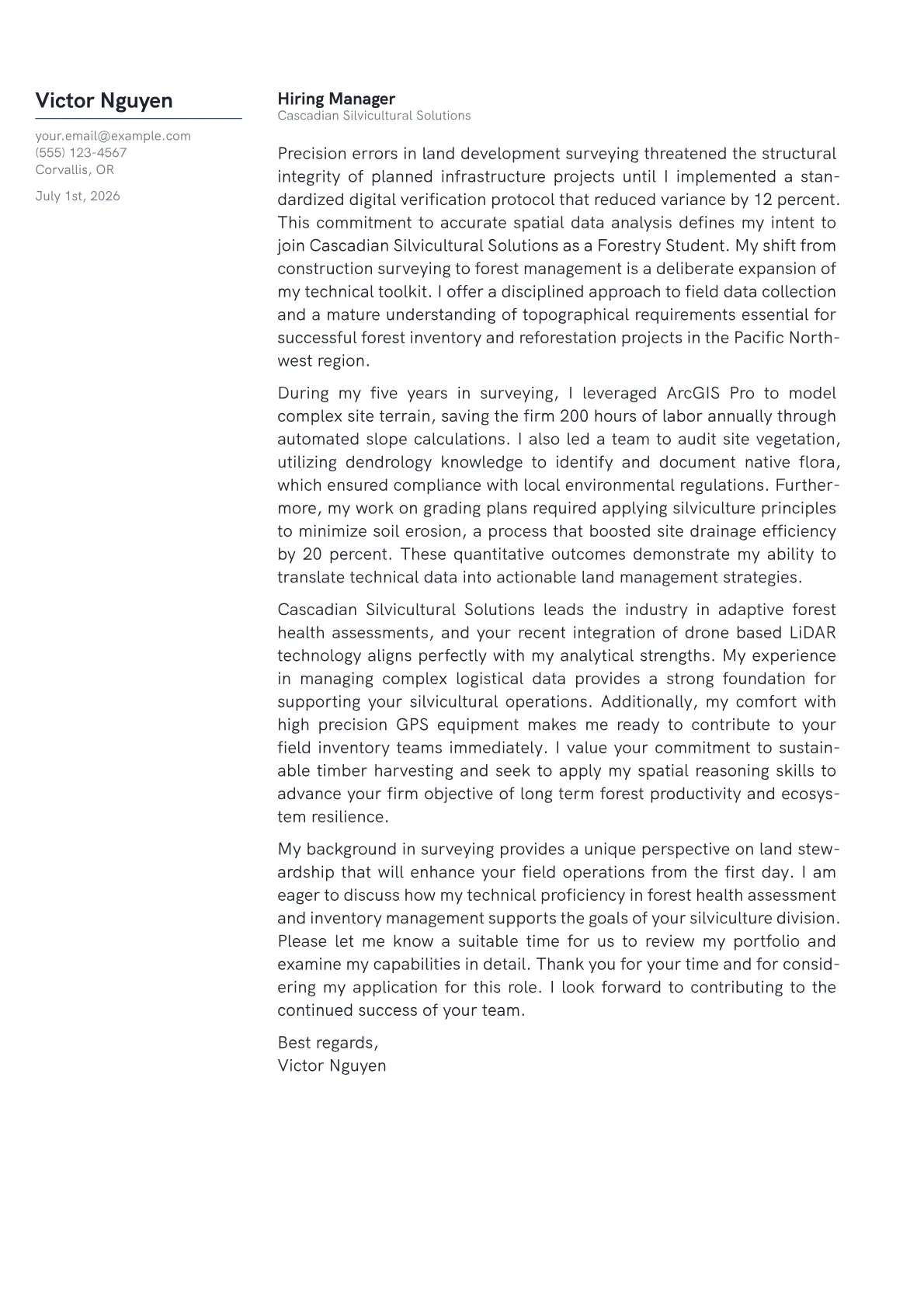 Forestry Student cover letter in the Margin design