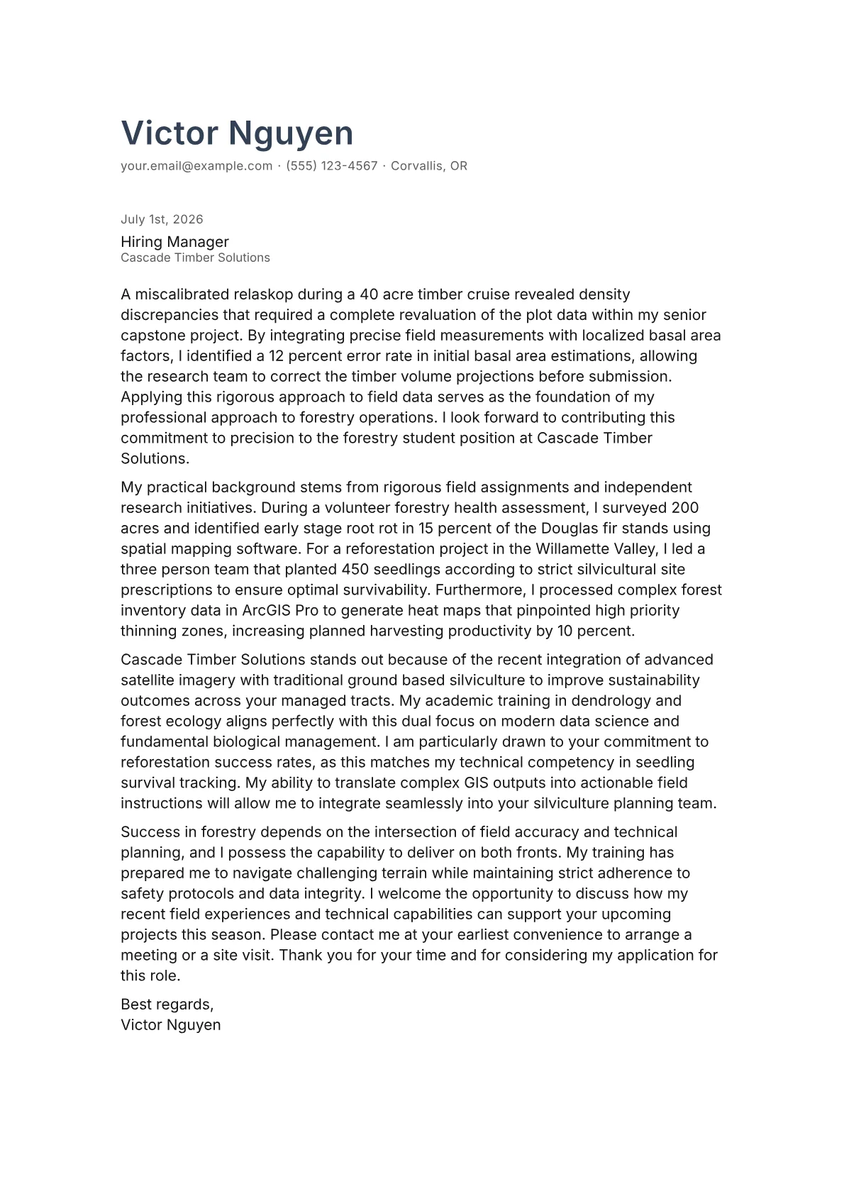 Forestry Student cover letter in the Minimal design