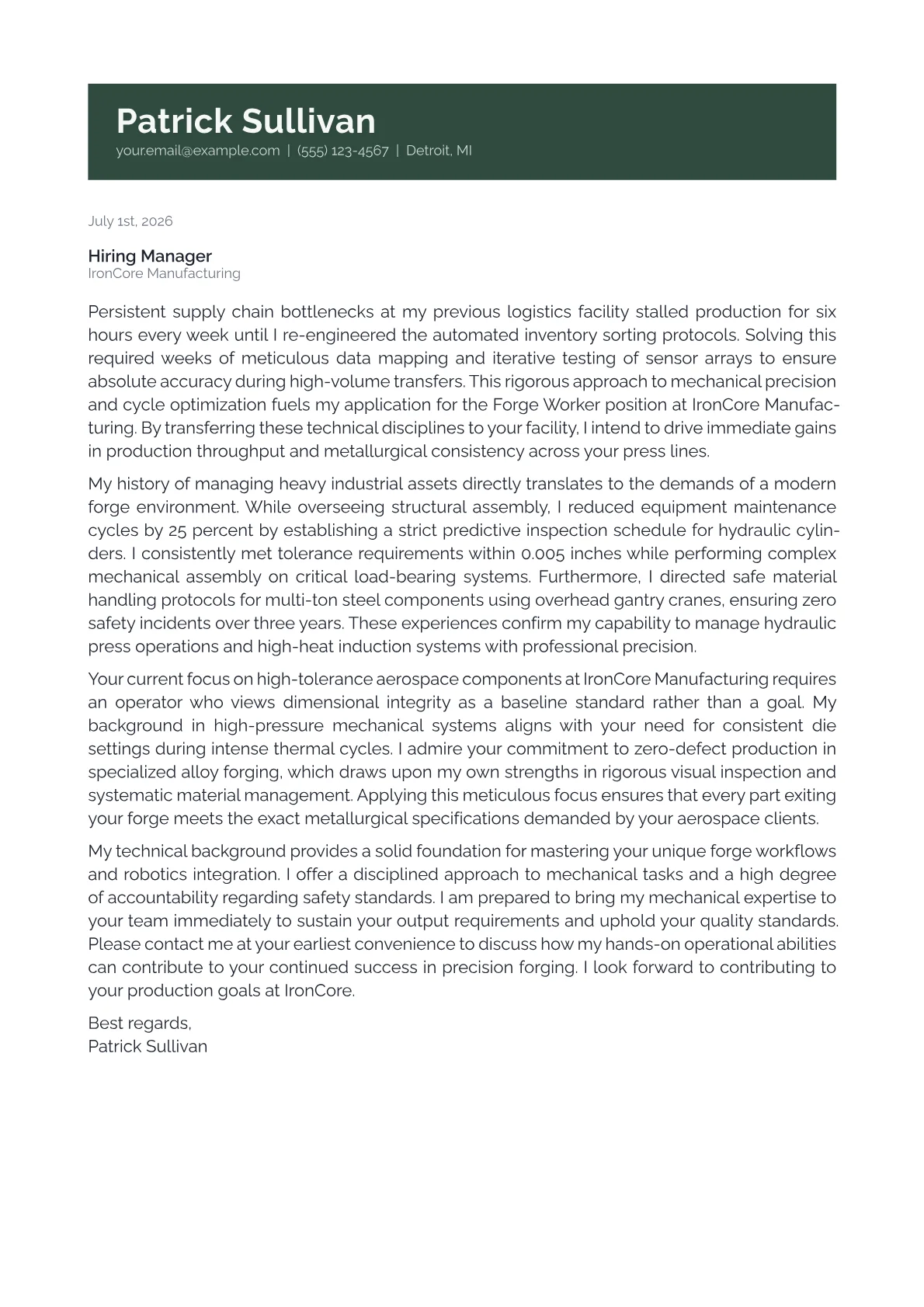 Forge Worker cover letter in the Banner design