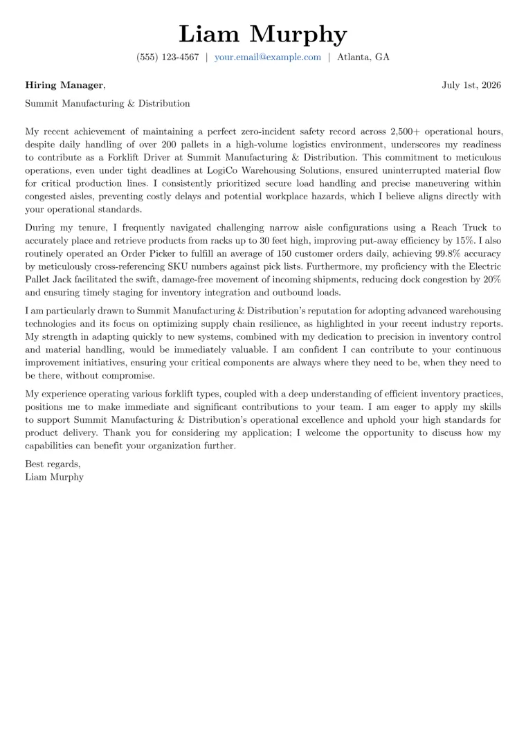 Forklift Driver Cover Letter Example