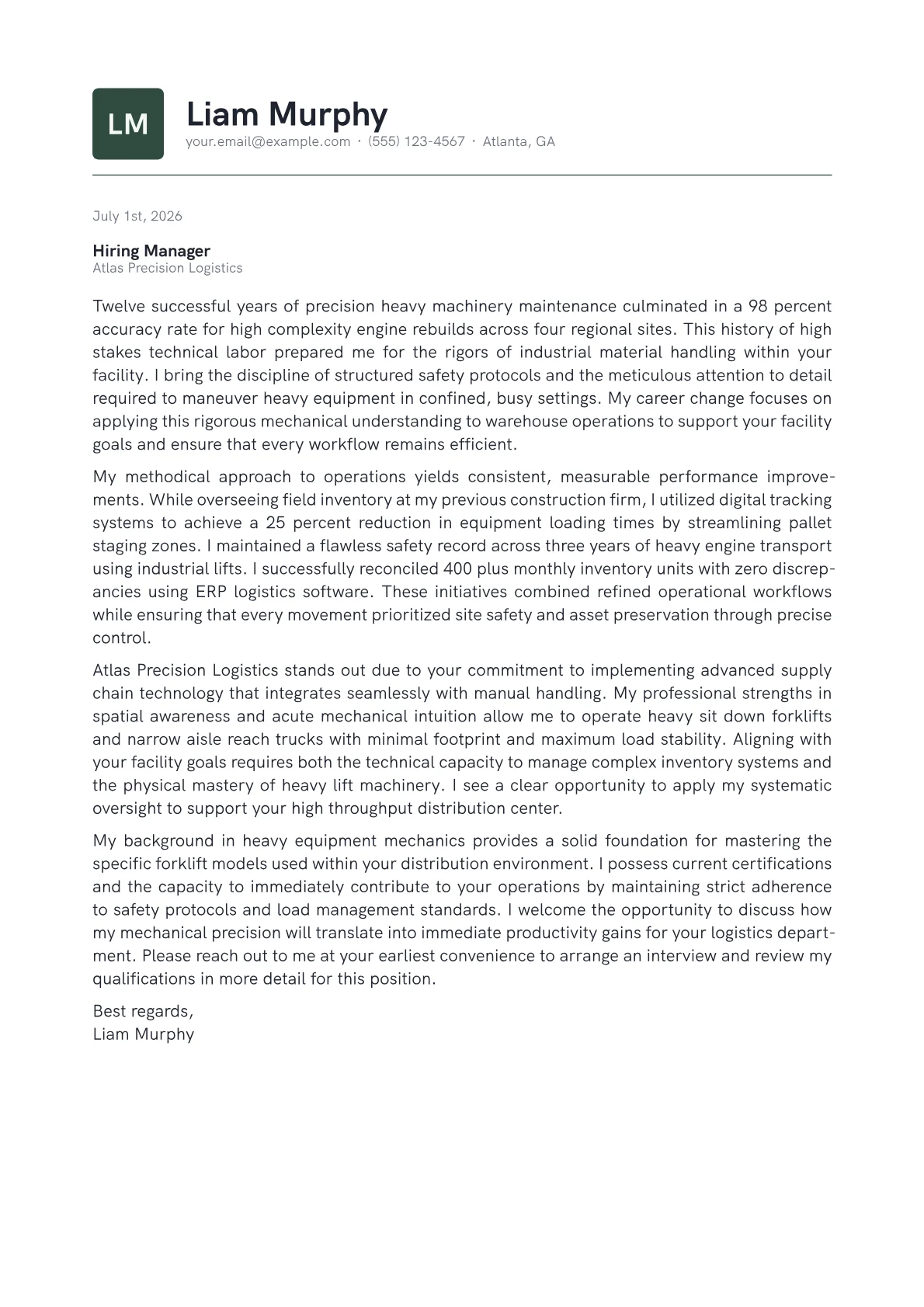 Forklift Driver cover letter in the Emblem design