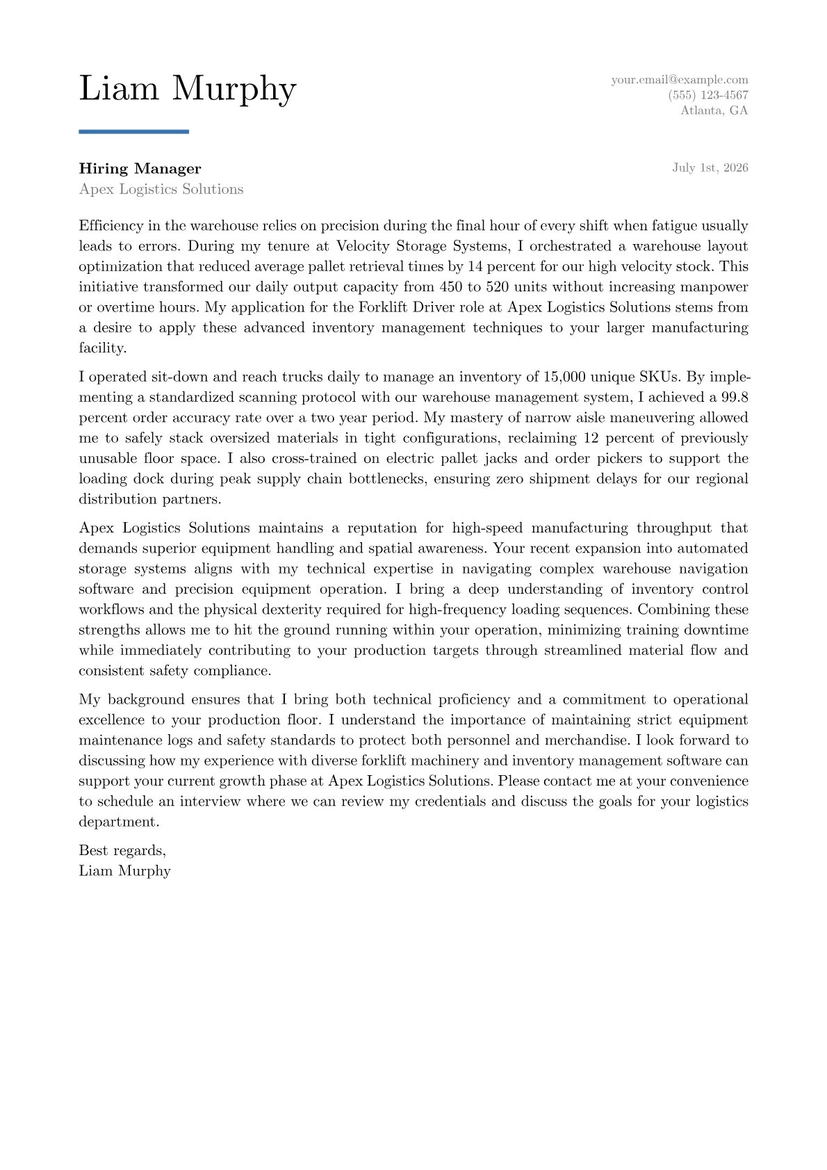 Forklift Driver cover letter in the Executive design