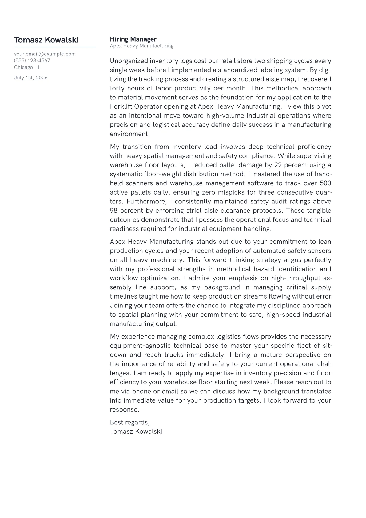 Forklift Operator cover letter in the Margin design