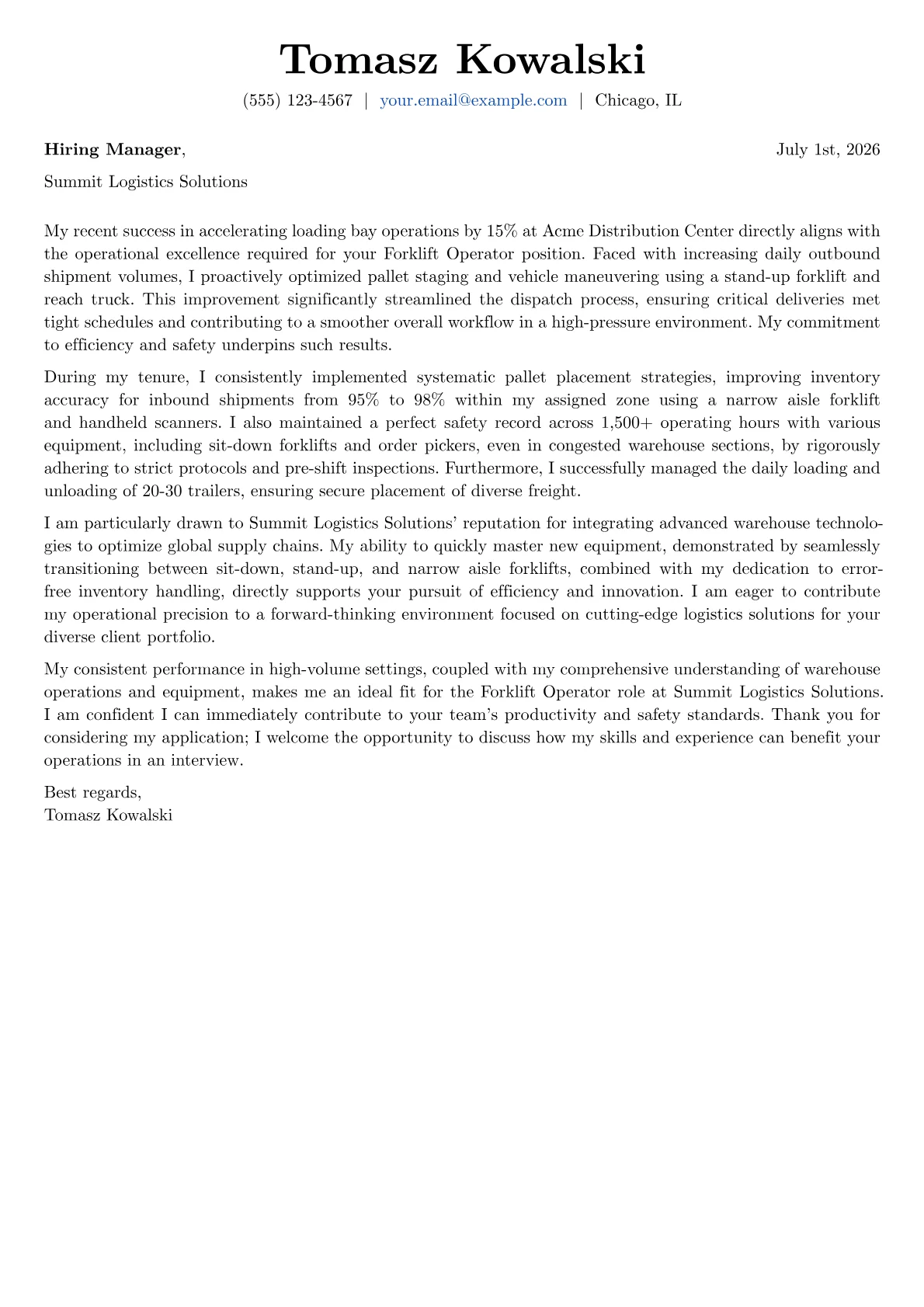 Forklift Operator cover letter formatted with a JobSprout template