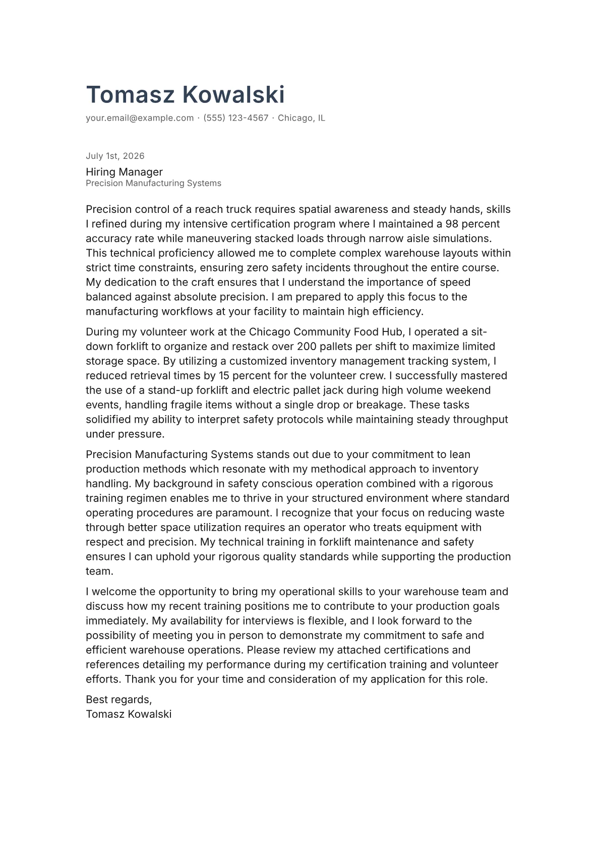 Forklift Operator cover letter in the Minimal design