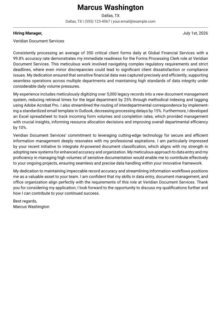 Forms Processing Clerk cover letter example