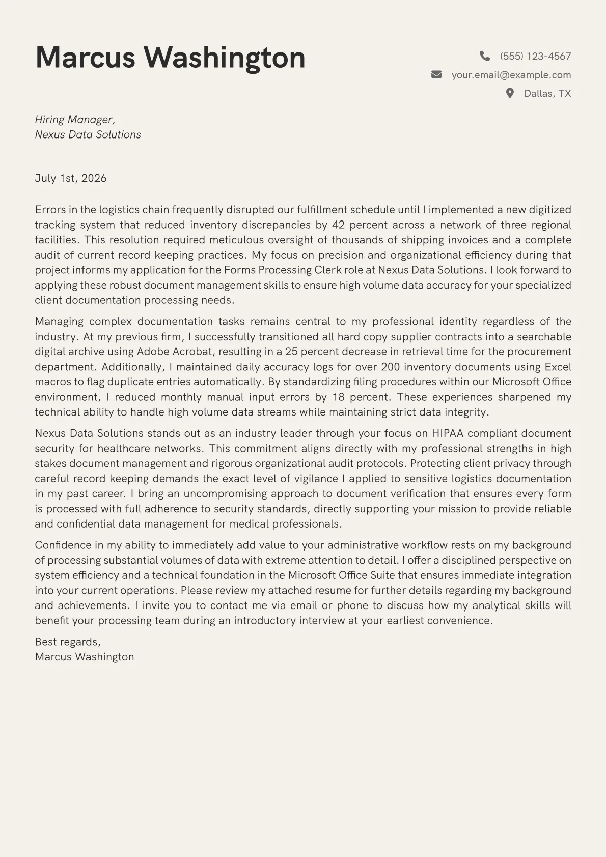 Forms Processing Clerk cover letter in the Creative design