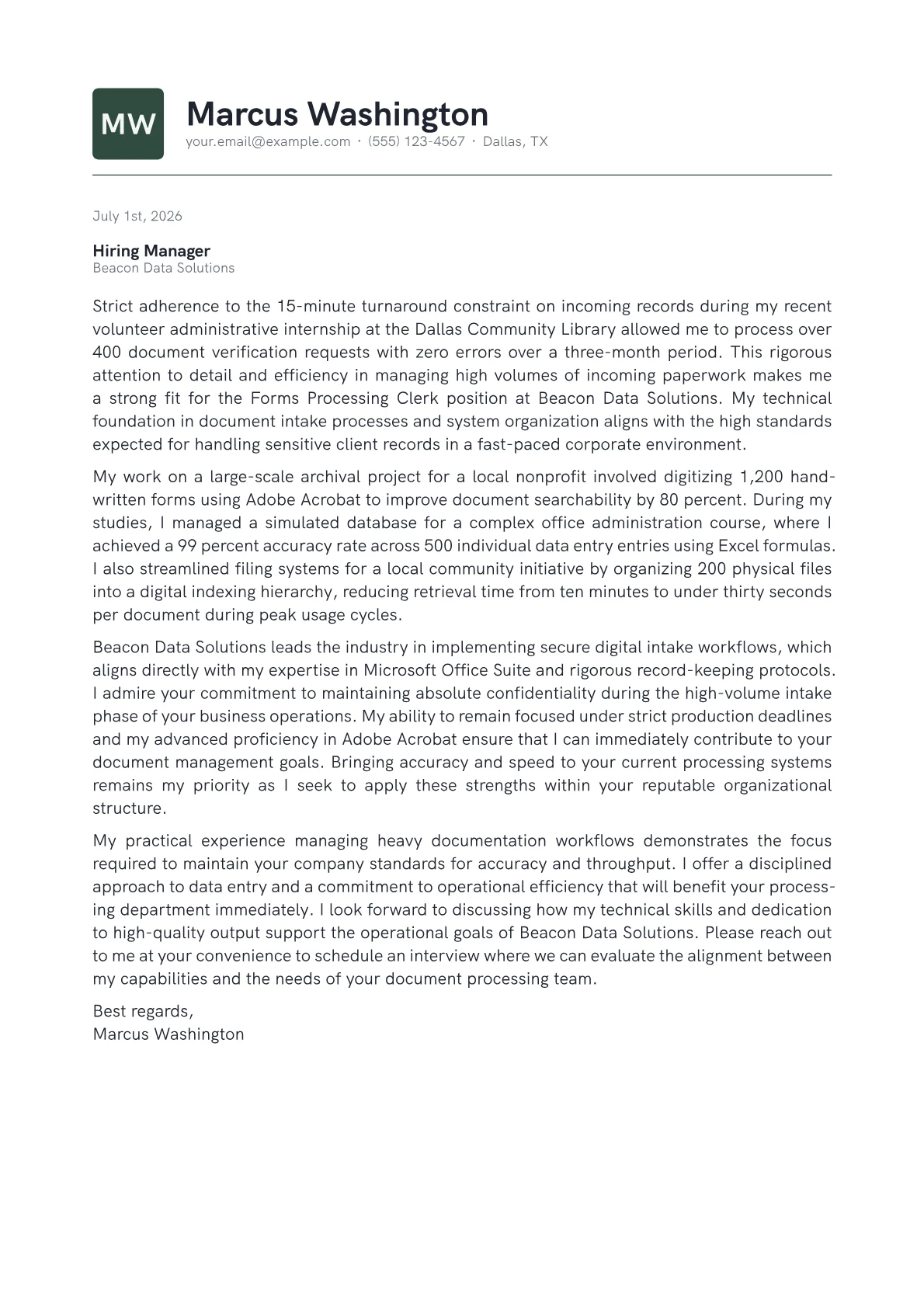 Forms Processing Clerk cover letter in the Emblem design