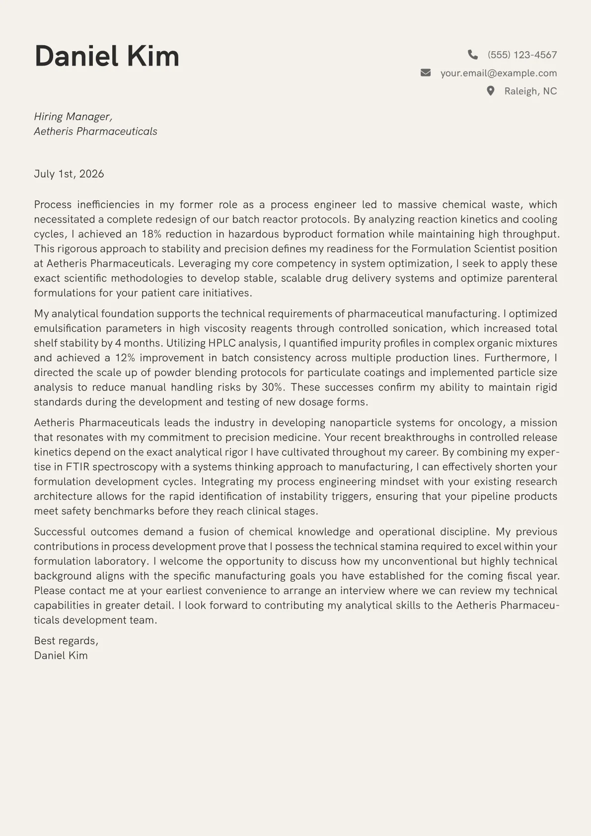 Formulation Scientist cover letter in the Creative design