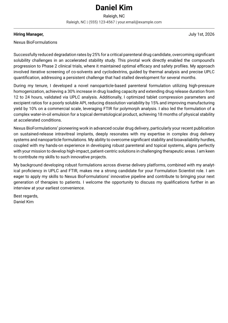Formulation Scientist cover letter example preview