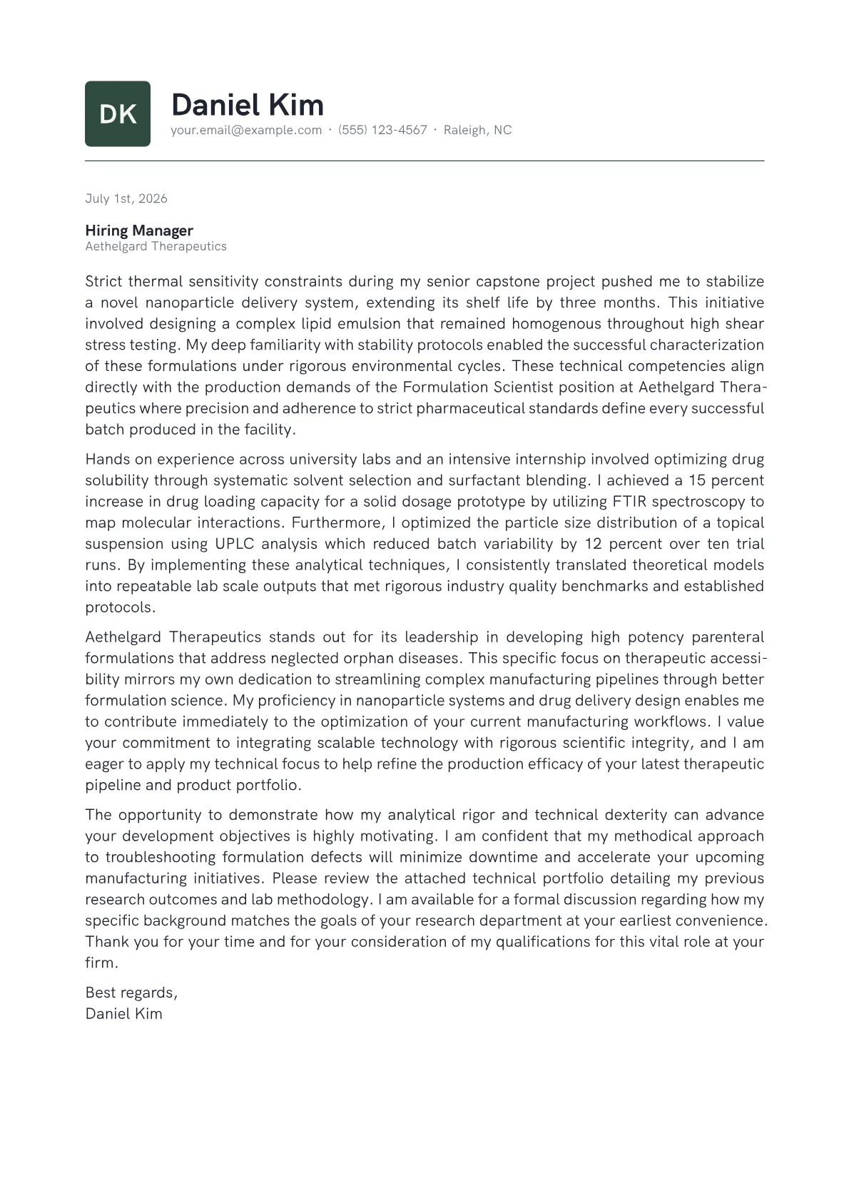 Formulation Scientist cover letter in the Emblem design