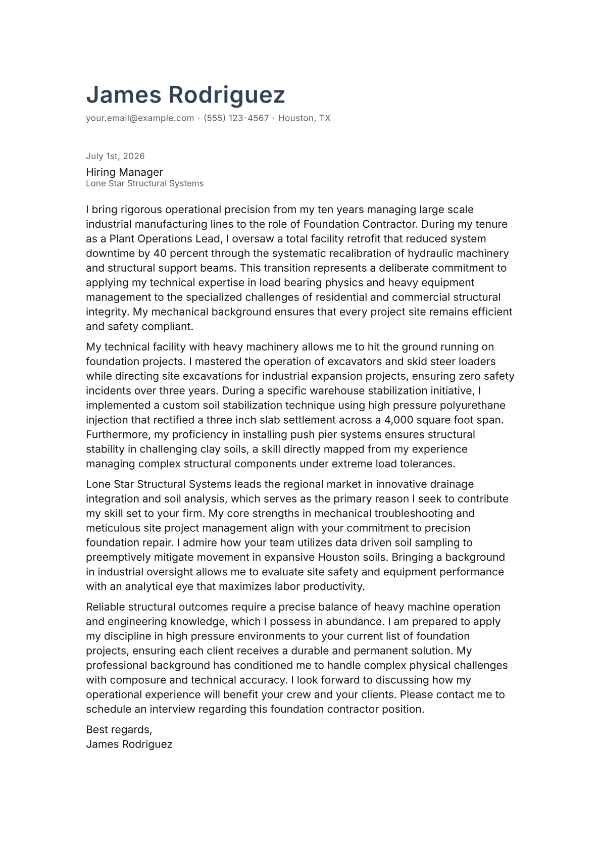 Foundation Contractor cover letter in the Minimal design