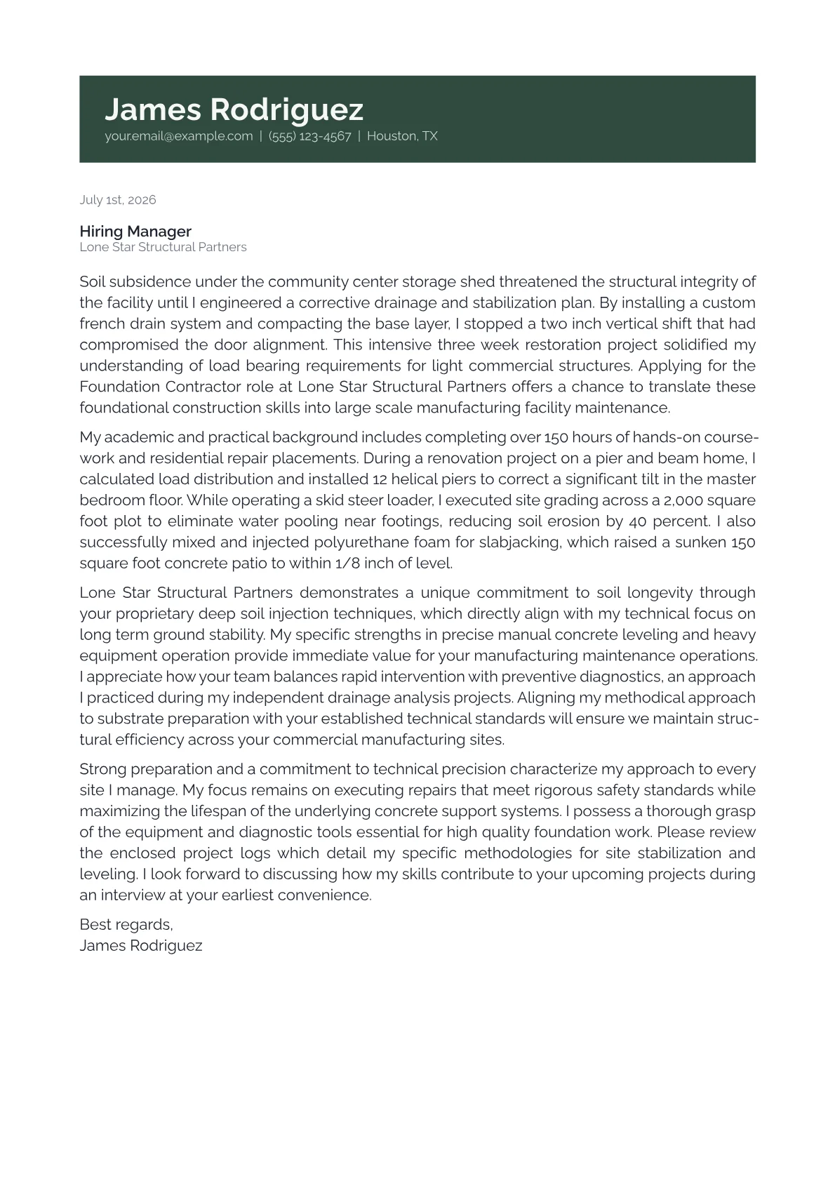 Foundation Contractor cover letter in the Banner design