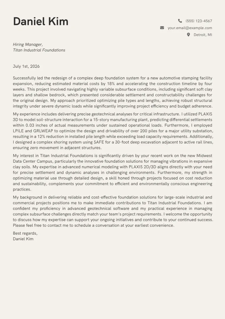 Foundation Engineer cover letter example preview