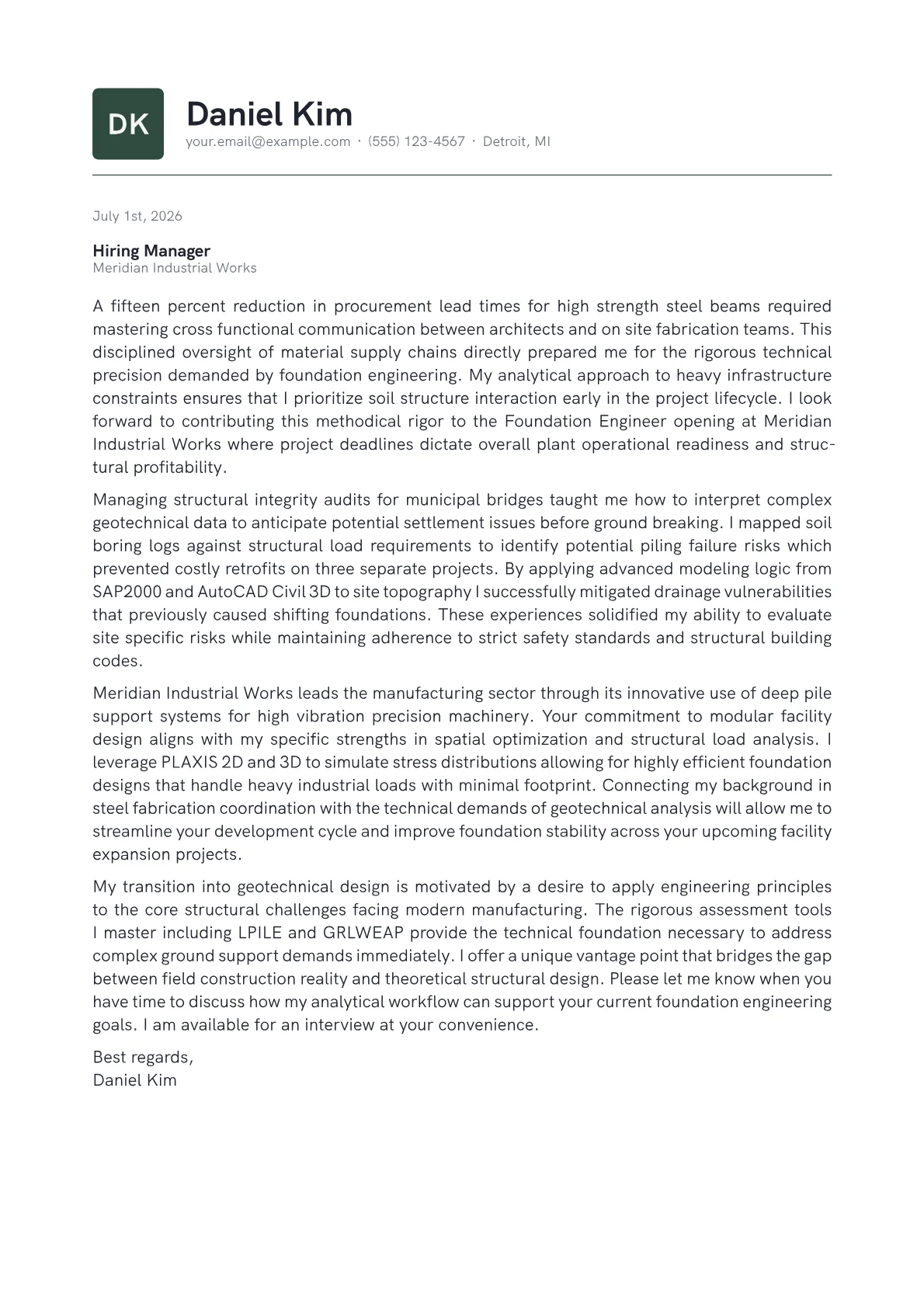 Foundation Engineer cover letter in the Emblem design
