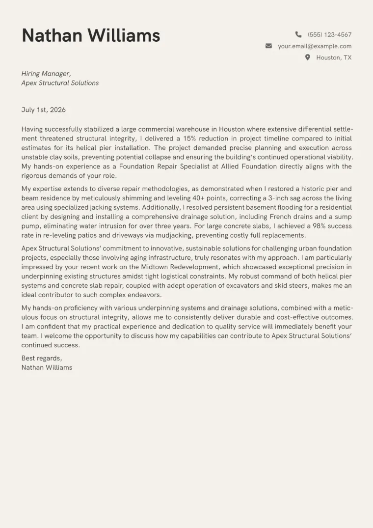 Foundation Repair Specialist cover letter example