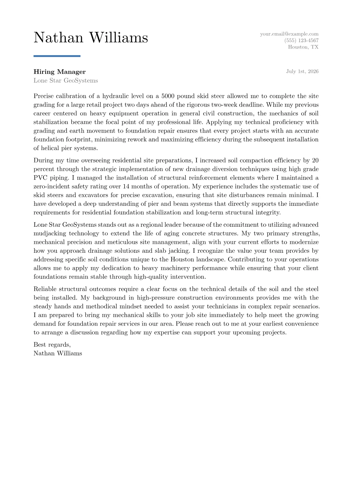 Foundation Repair Specialist cover letter in the Executive design