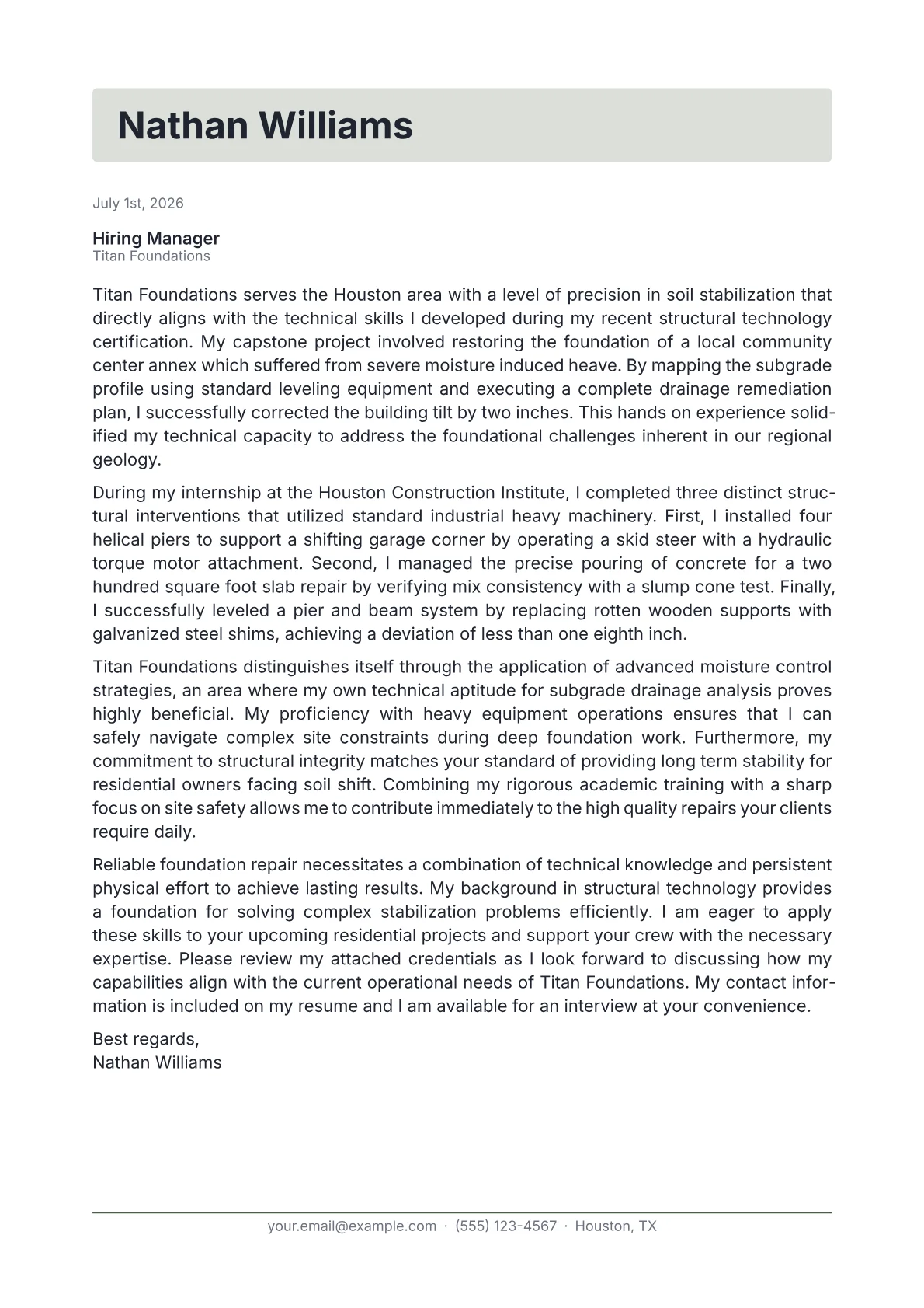 Foundation Repair Specialist cover letter in the Letterhead design