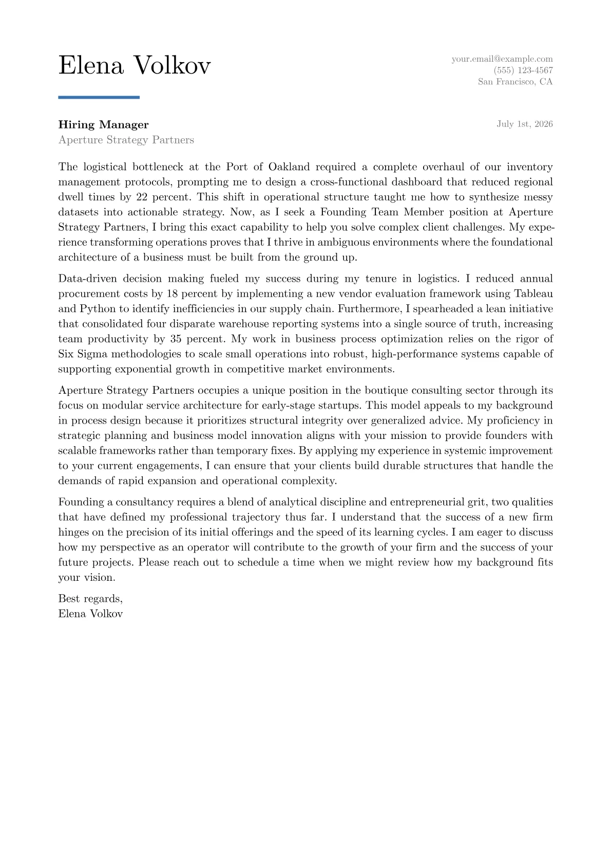 Founding Team Member cover letter in the Executive design
