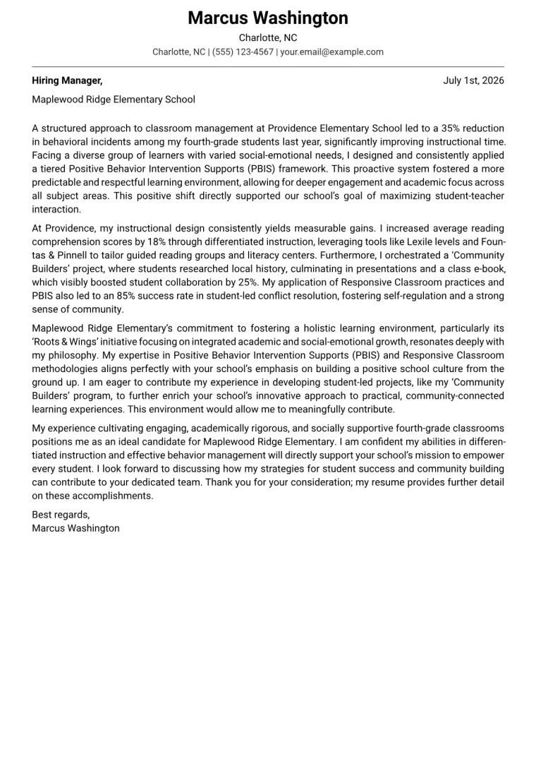 Fourth Grade Teacher cover letter example
