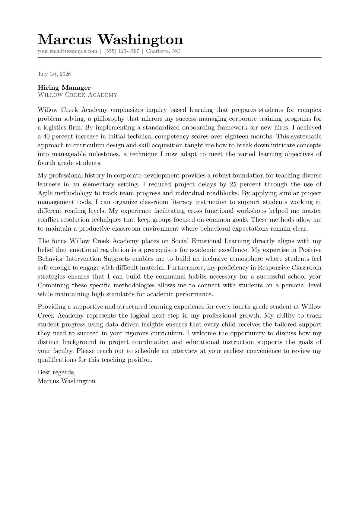 Fourth Grade Teacher cover letter in the Classic design