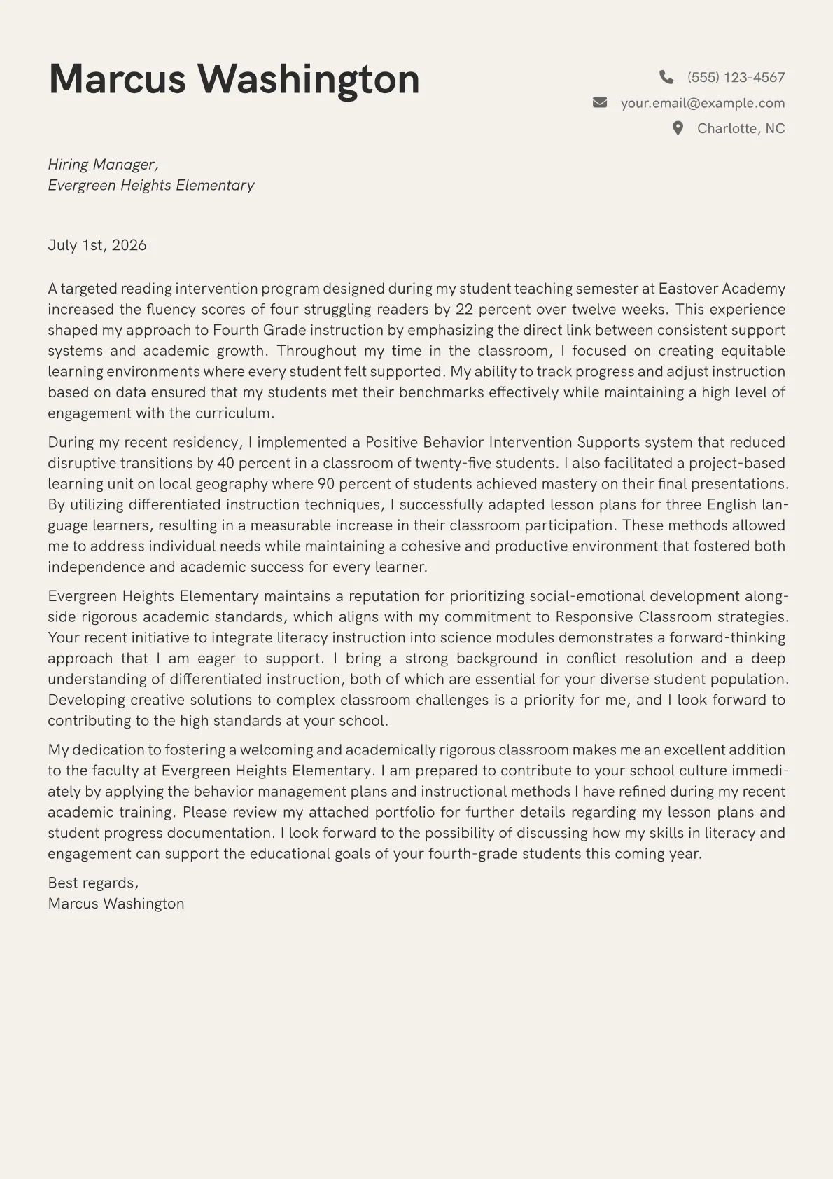 Fourth Grade Teacher cover letter in the Creative design