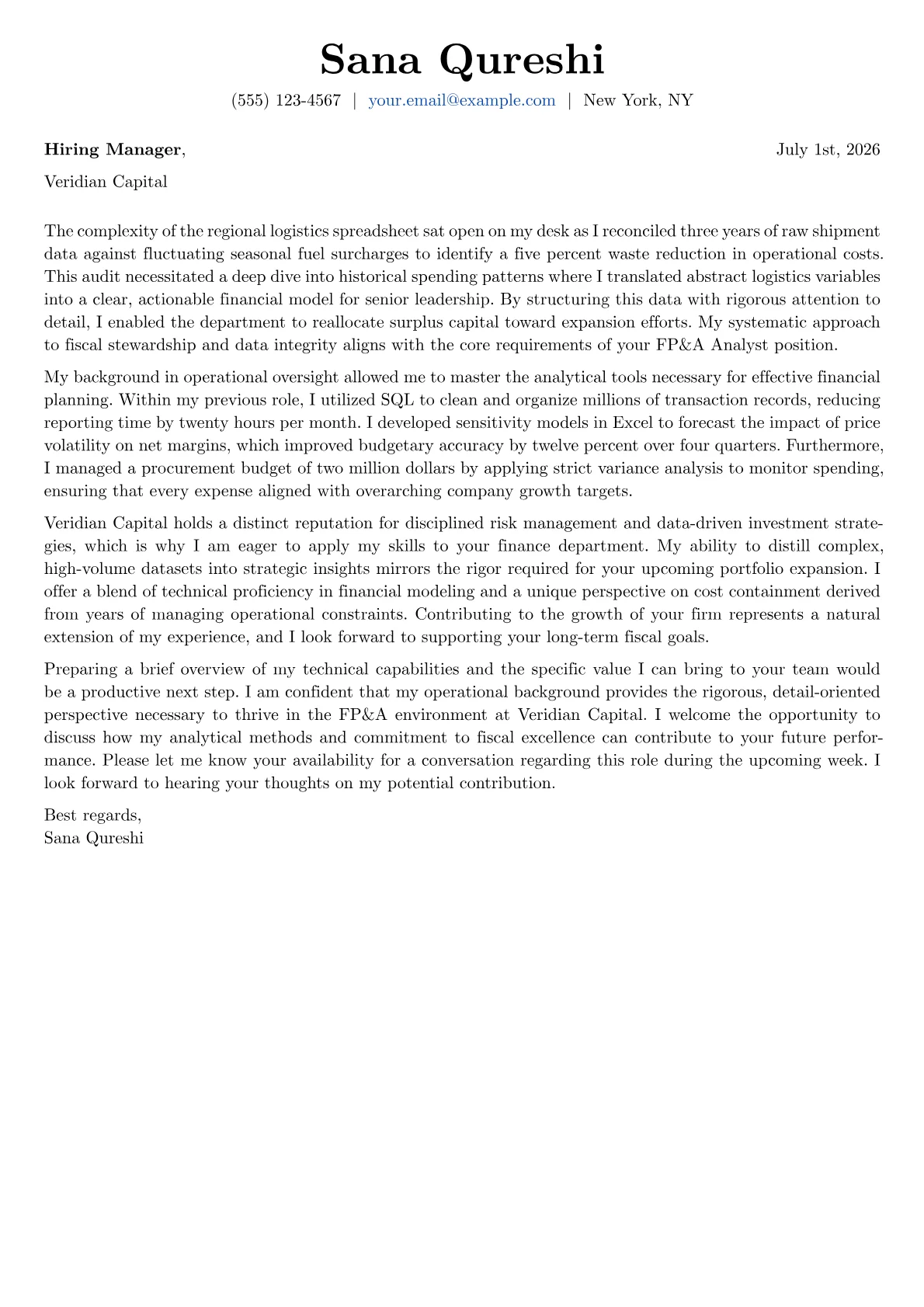 FP&A Analyst cover letter in the Basic design