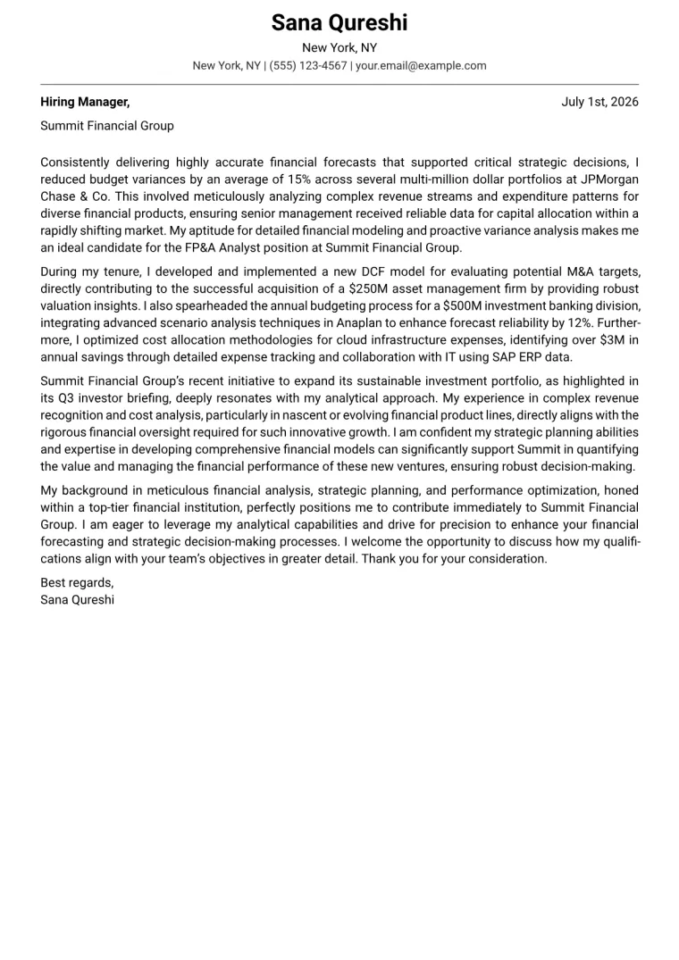 FP&A Analyst cover letter example