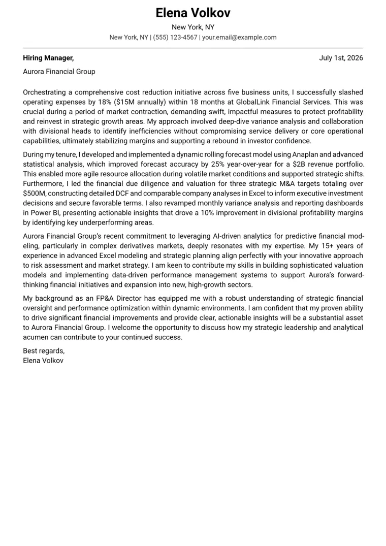 FP&A Director cover letter example preview