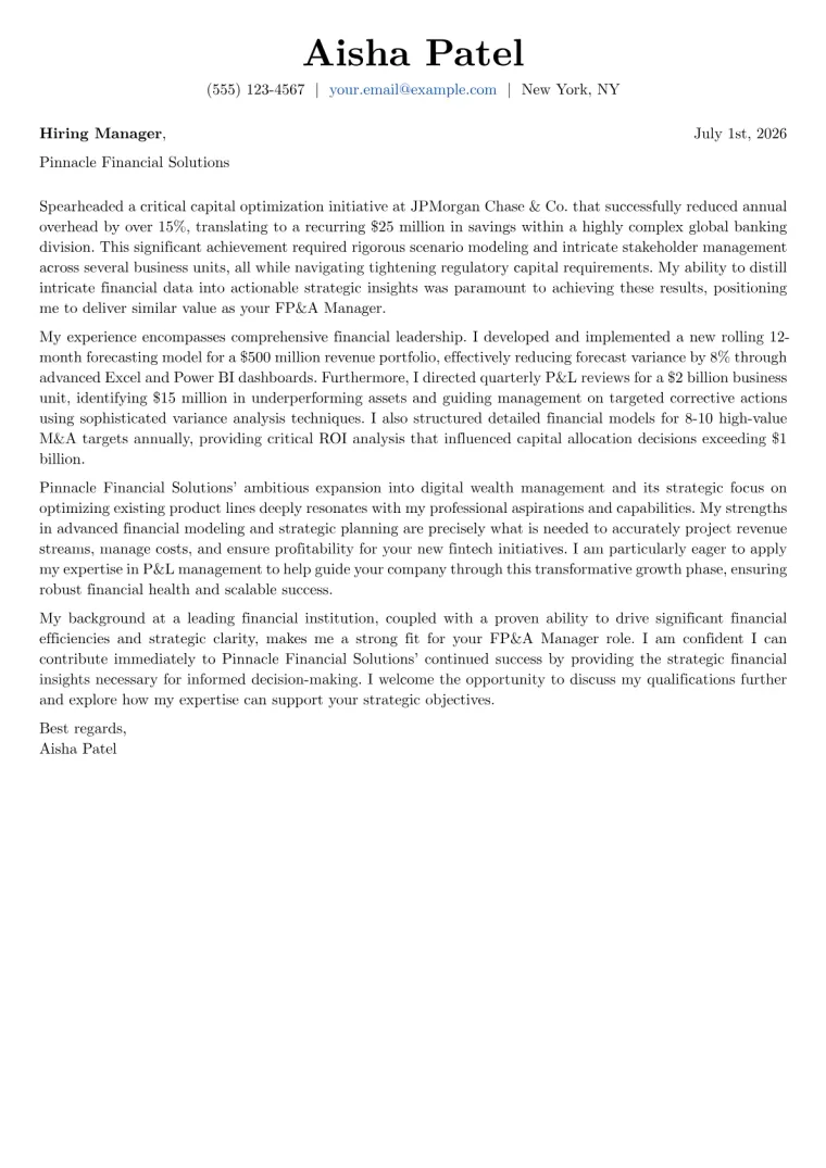 FP&A Manager Cover Letter Example