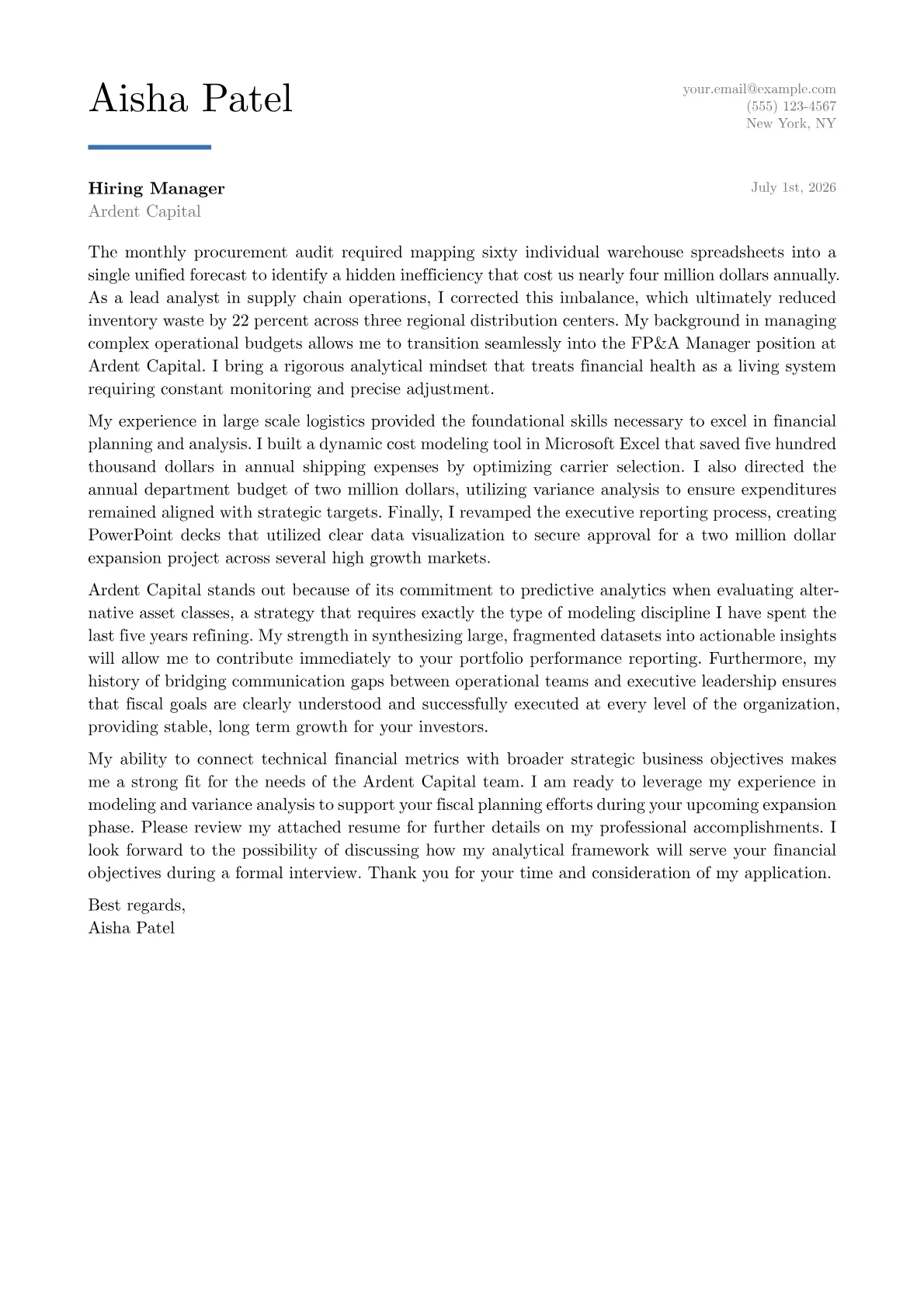 FP&A Manager cover letter in the Executive design