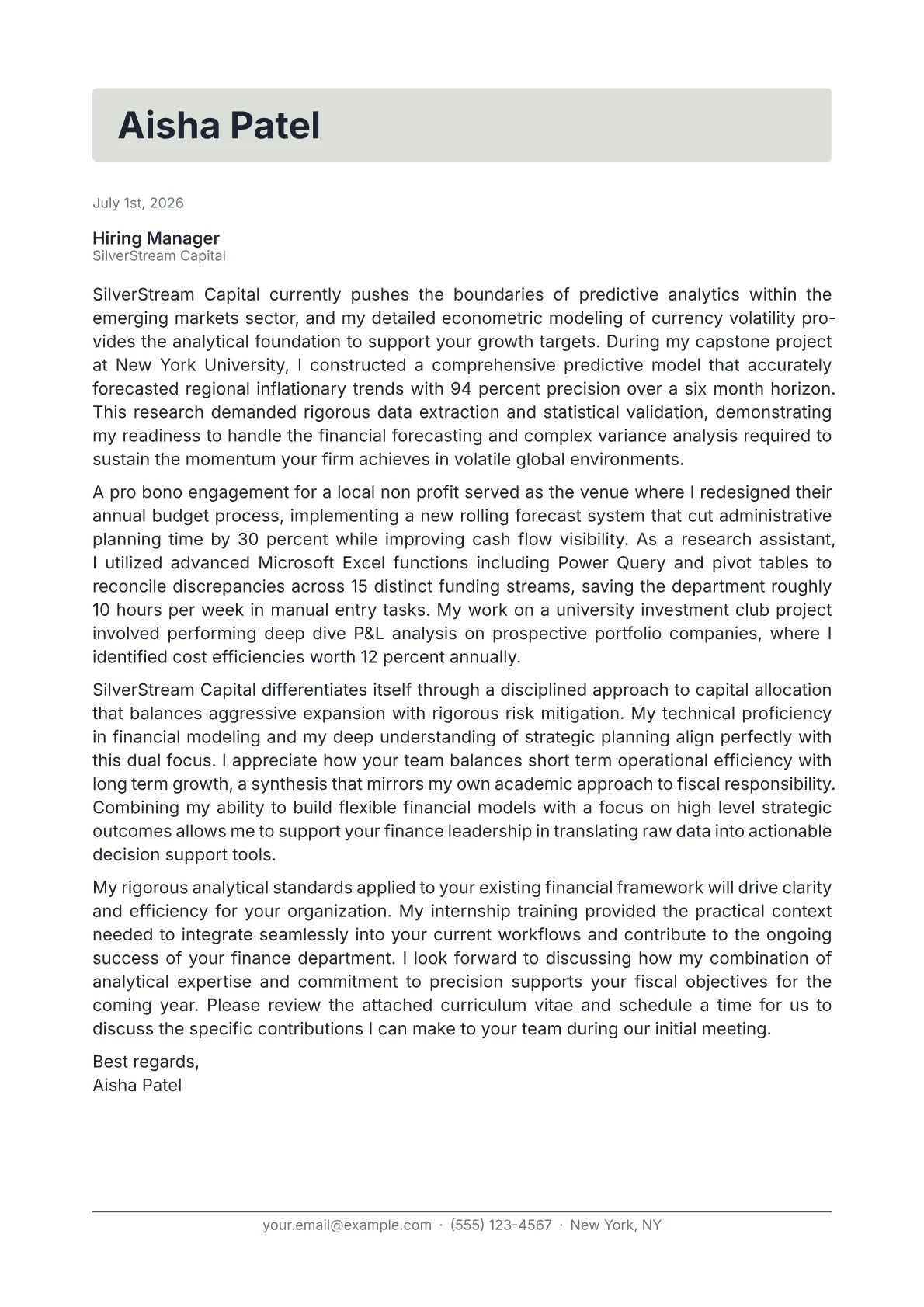 FP&A Manager cover letter in the Letterhead design