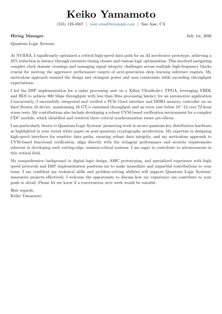 FPGA Engineer cover letter example