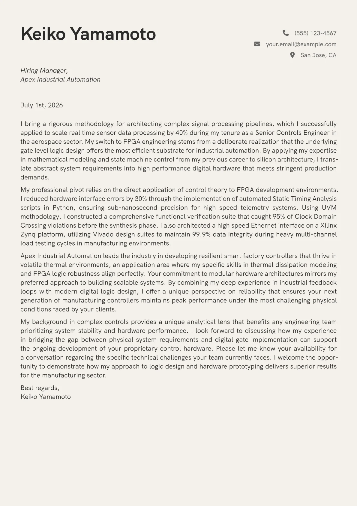 FPGA Engineer cover letter in the Creative design