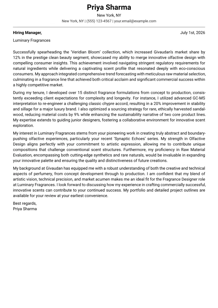 Fragrance Designer cover letter example preview