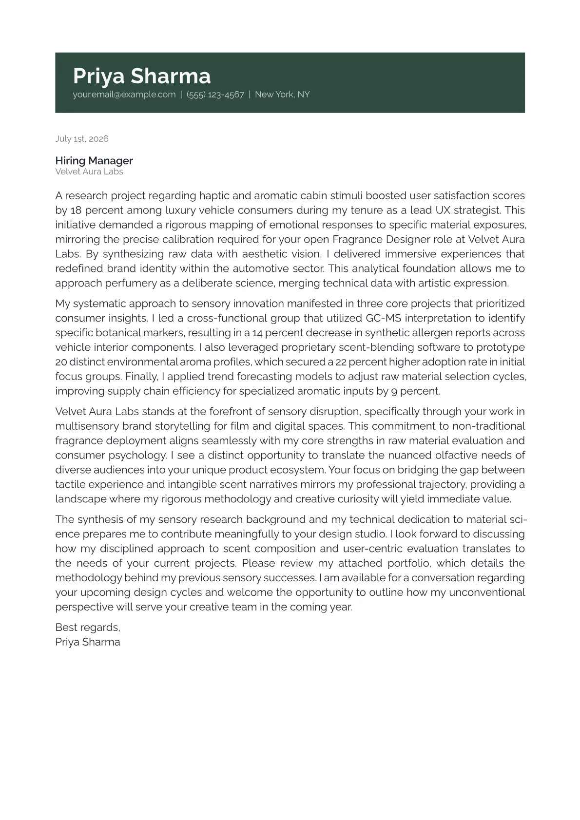 Fragrance Designer cover letter in the Banner design