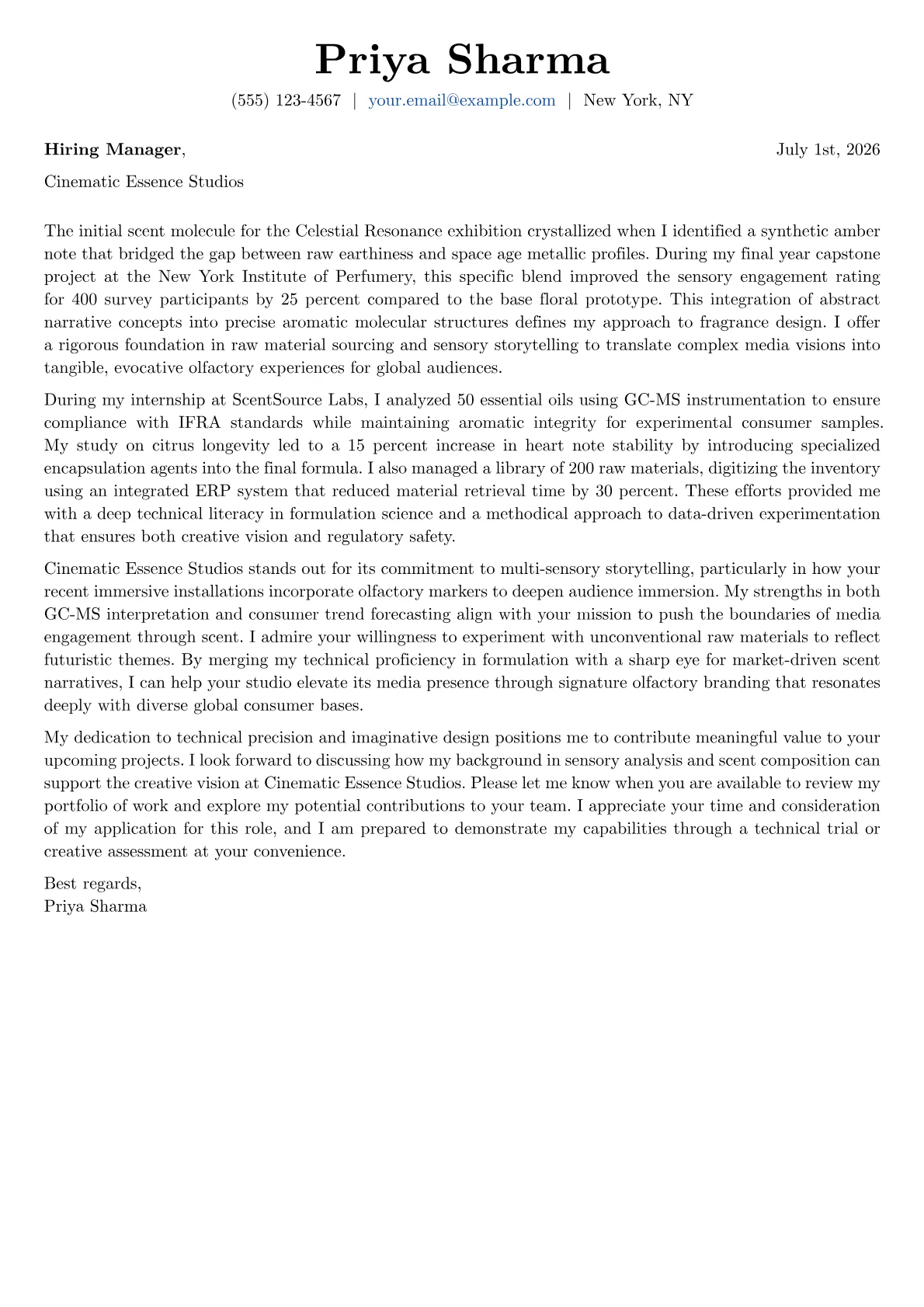 Fragrance Designer cover letter in the Basic design
