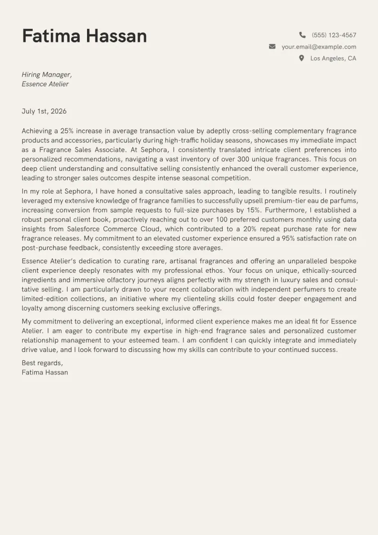 Fragrance Sales Associate cover letter example preview