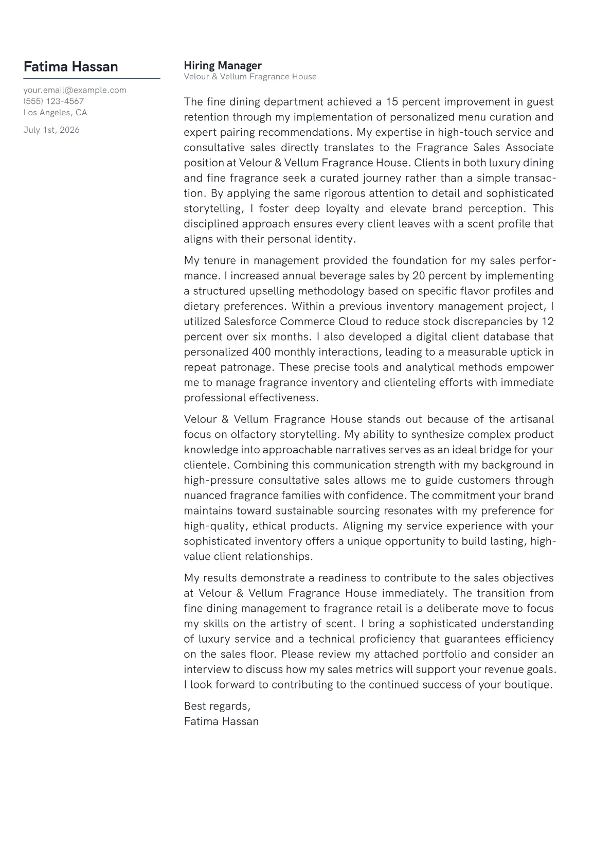 Fragrance Sales Associate cover letter in the Margin design