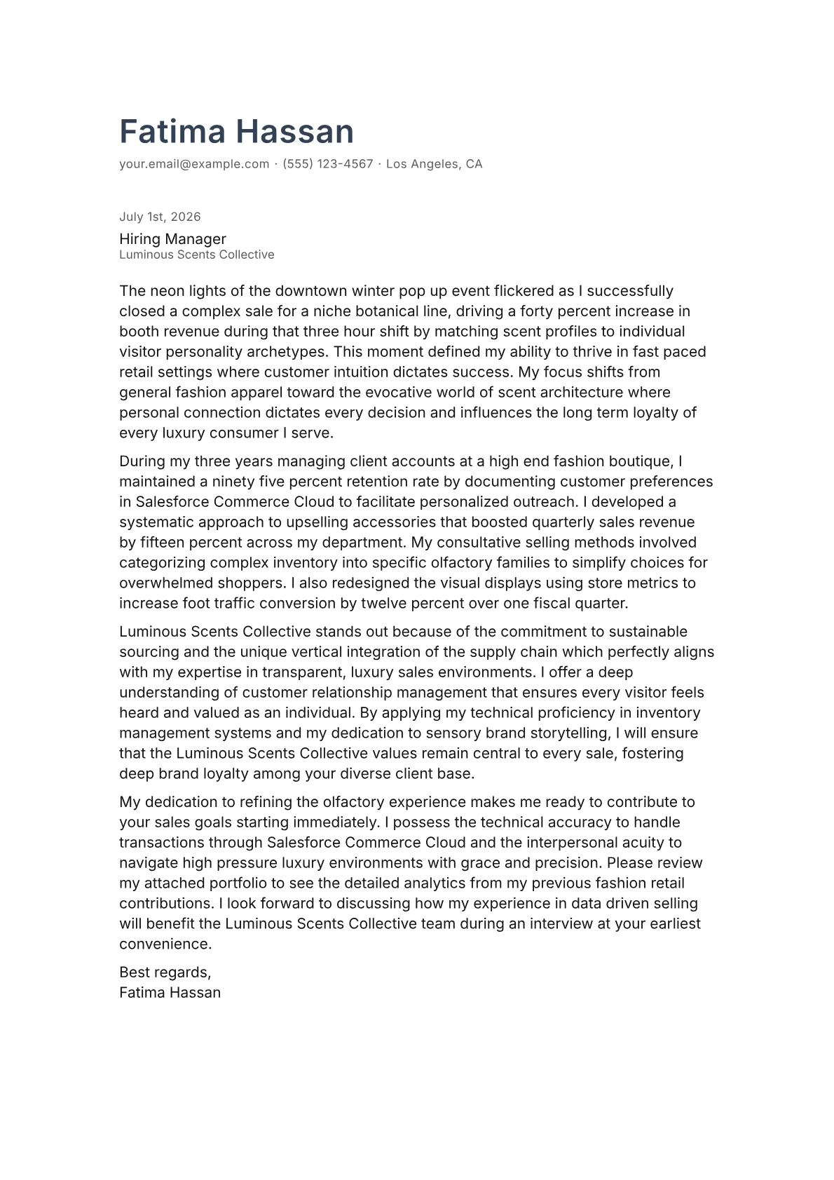 Fragrance Sales Associate cover letter in the Minimal design