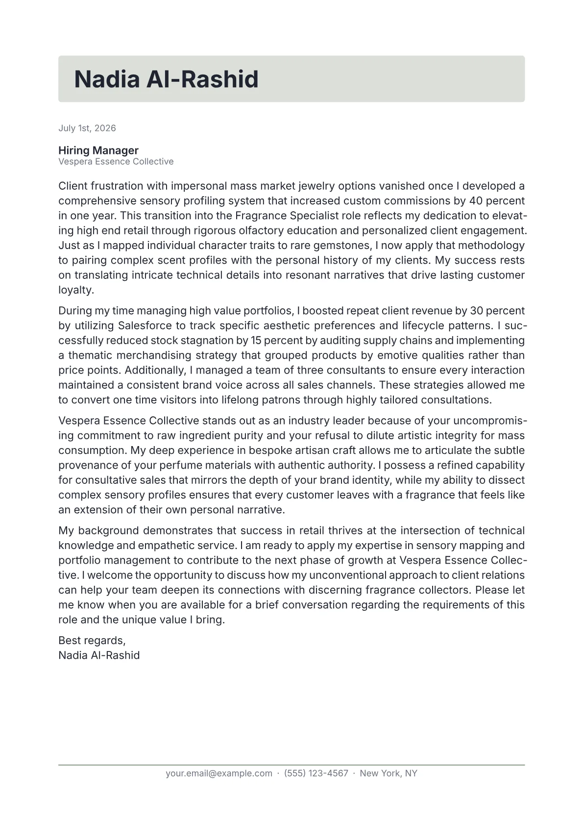 Fragrance Specialist cover letter in the Letterhead design